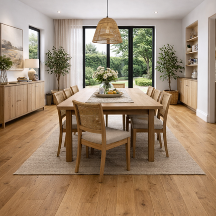 Ein Esszimmer mit einem Landhaus Stil und einem Rustikalen Eichen Parkett Boden.