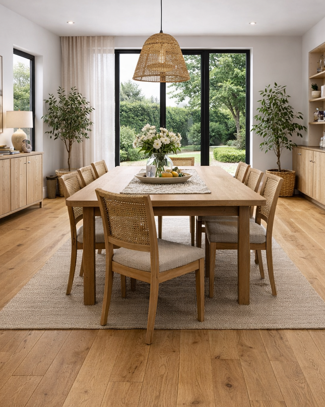 Ein Esszimmer mit einem Landhaus Stil und einem Rustikalen Eichen Parkett Boden.
