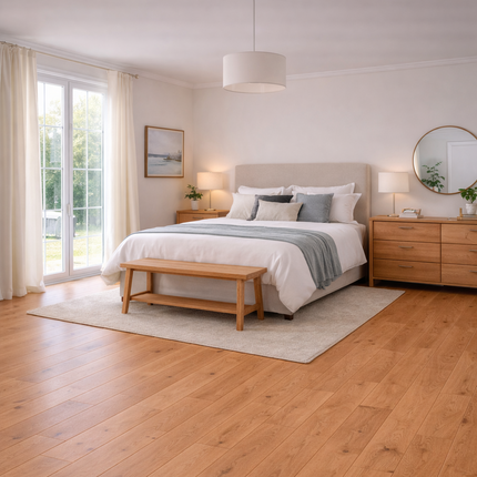 Schlafzimmer mit Landhaus Stil mit einem hellen Eichen Parkettboden.