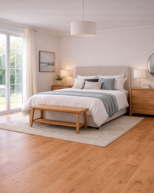 Schlafzimmer mit Landhaus Stil mit einem hellen Eichen Parkettboden.