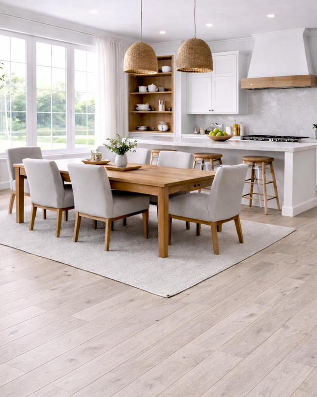 Küche mit Essbereich mit einen schönen Designboden.