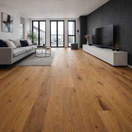 Modernes Wohnzimmer mit breiten Eichenholz Parkett.