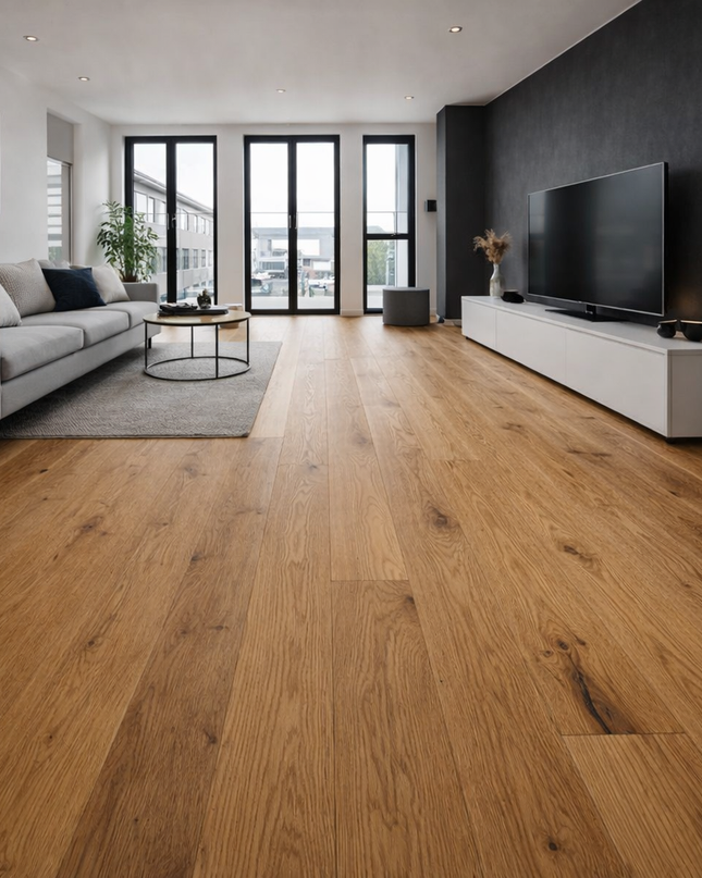 Modernes Wohnzimmer mit breiten Eichenholz Parkett.