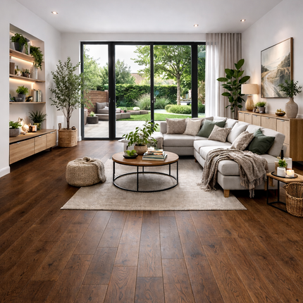 Wohnzimmer mit einem Modernen Rustikalen Stil und einem Dunkeln Eichenboden.