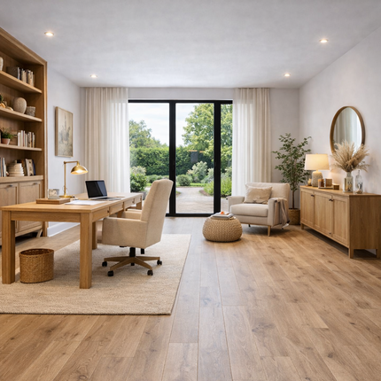 Eichen Parkett in Markanter Sortierung verlegt in einem Arbeitszimmer in dem Stil Landhaus. Erschafft eine perfekte Atmosphäre um Entspannt seine Aufgaben zu erledigen.