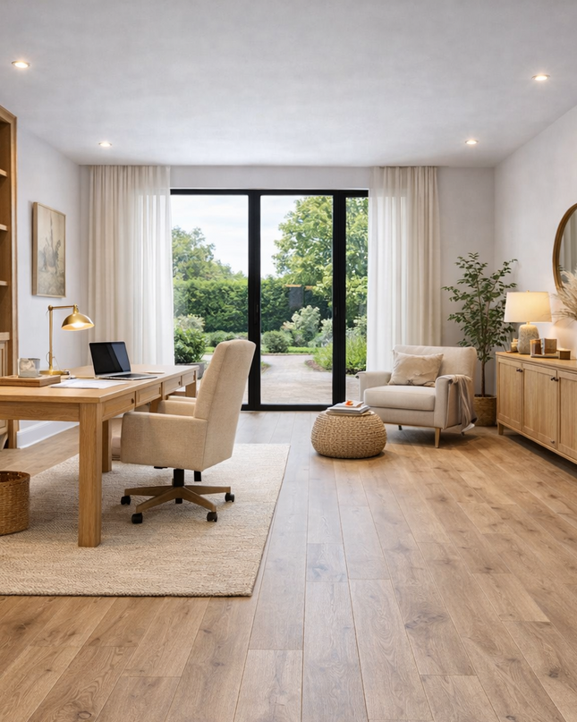 Eichen Parkett in Markanter Sortierung verlegt in einem Arbeitszimmer in dem Stil Landhaus. Erschafft eine perfekte Atmosphäre um Entspannt seine Aufgaben zu erledigen.