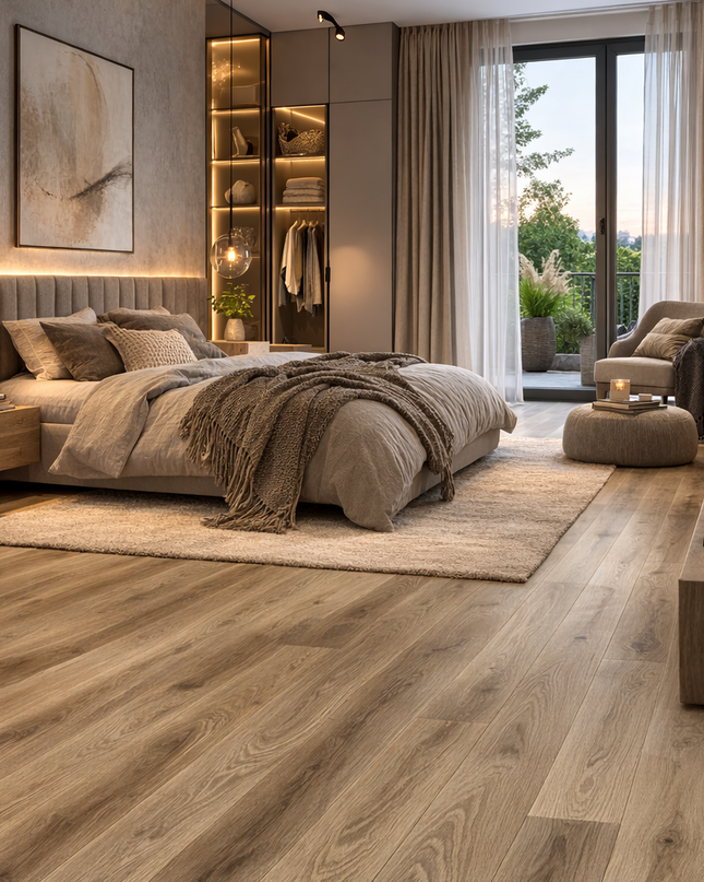 Modernes Schlafzimmer mit einem gräulichen Eichen Parkett Boden.