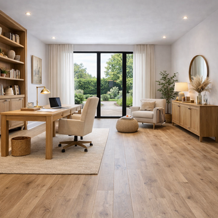 Modernes Arbeitszimmer mit einem hellen Eichenholz Parkett Boden. 