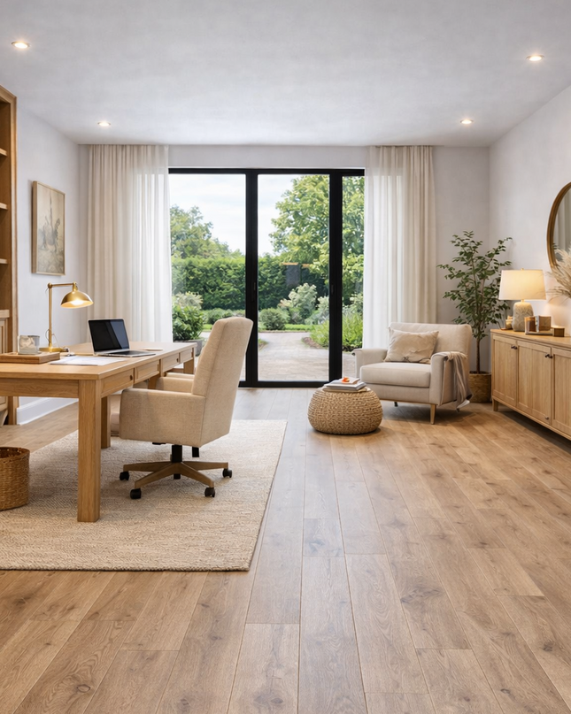 Modernes Arbeitszimmer mit einem hellen Eichenholz Parkett Boden. 