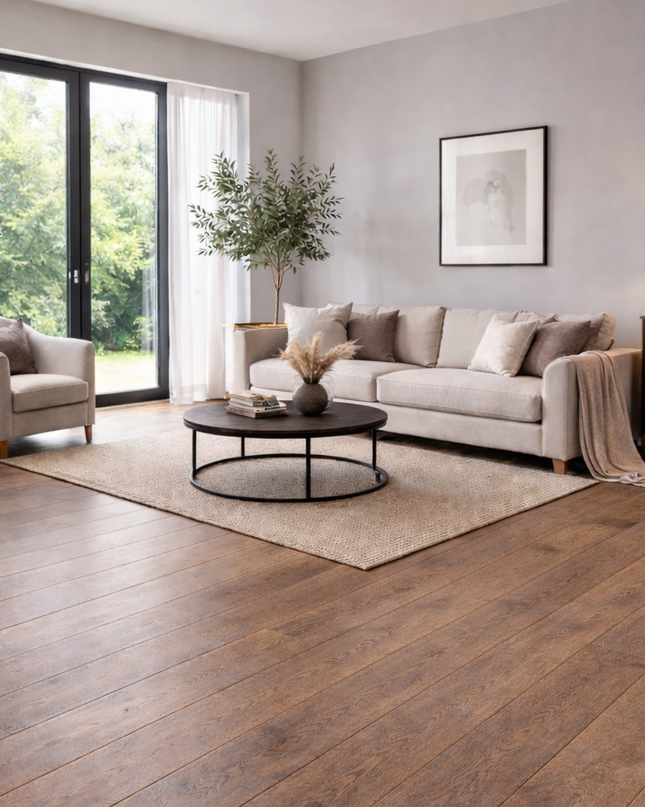 Modernes Wohnzimmer mit einem Dunkeln Eichenparkett für einen schönen Kontrast.