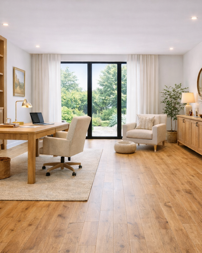 Ein Arbeitszimmer mit einem Landhaus Stil, mit einem Rustikalen Eichen Parkett erschafft eine Ruhige und Entspannte Atmosphäre.