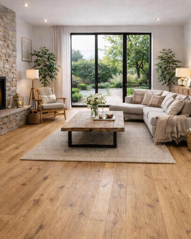 Ein Wohnzimmer im Modernen Rustikalen Look mit einem Eichen Parkettboden.