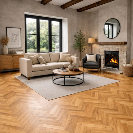 Wohnzimmer im Rustikalen Stil und einem dezenten Parkett Boden in der Fischgrät verlegung.