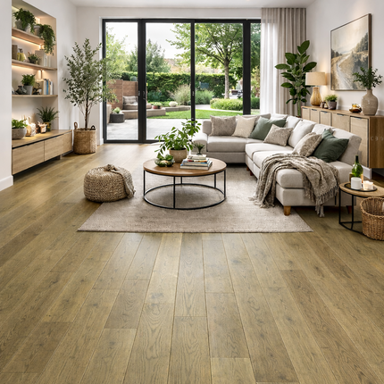 Ein Wohnzimmer in einem Landhaus Stil mit Grünen Akzenten gehalten.
