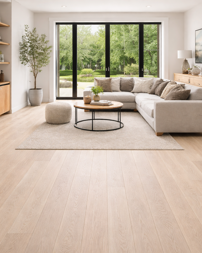 Modernes Wohnzimmer im Minimalismus und einem ruhigen hellen Eichen Parkett Boden.