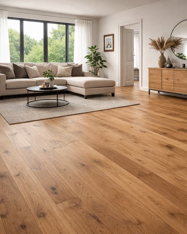 Wohnzimmer in einem Modernen Stil und mit einem Eichen Parkett in der Rustikalen Sortierung in einer Oak ölung.