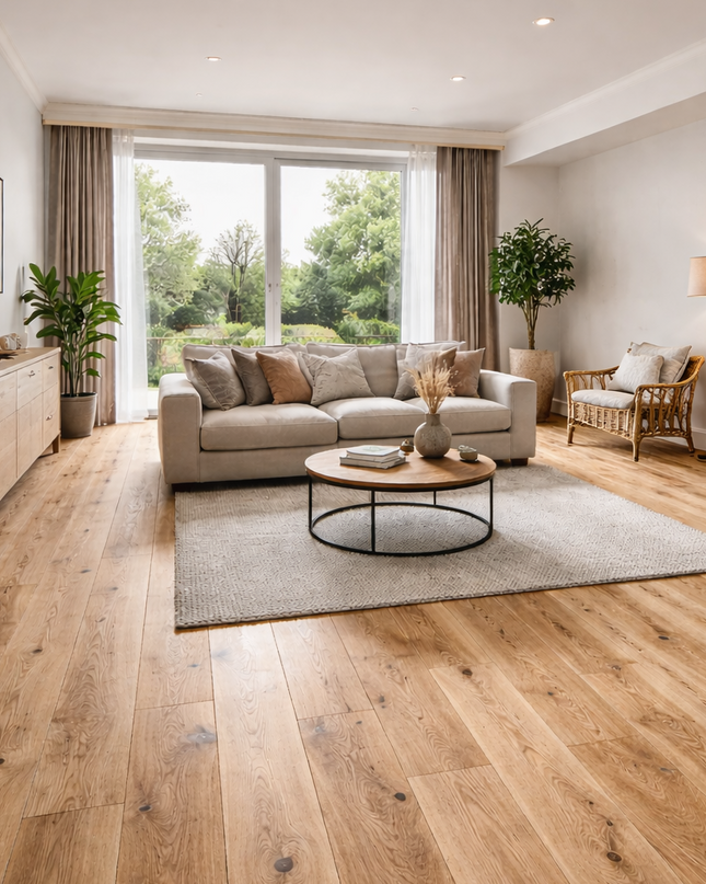 Wohnzimmer im Landhaus Stil mit einem Hellen Eichen Parkett Boden.