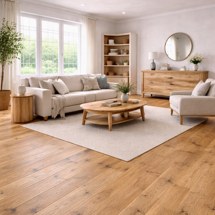 Modernes Wohnzimmer mit einem Parkettboden aus Eiche und einer hellen Ölung.