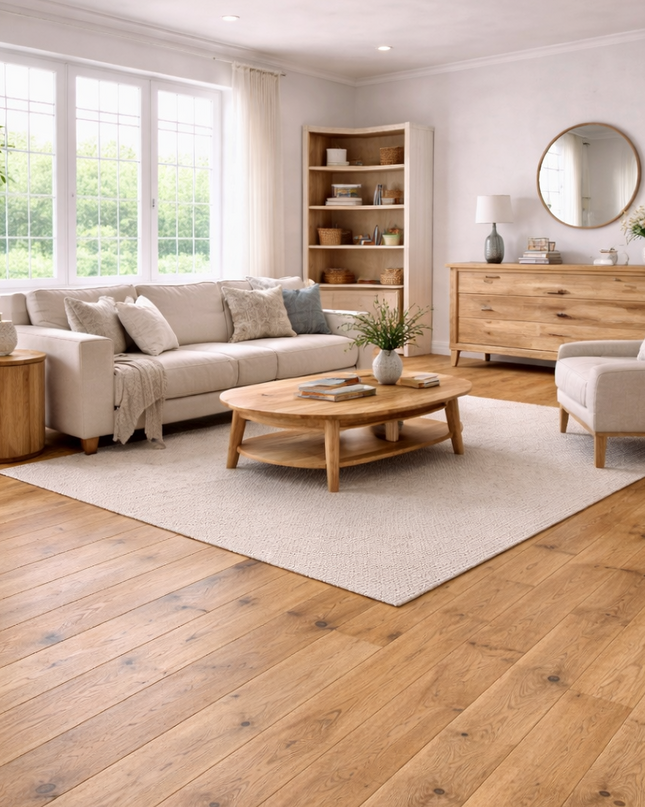 Modernes Wohnzimmer mit einem Parkettboden aus Eiche und einer hellen Ölung.
