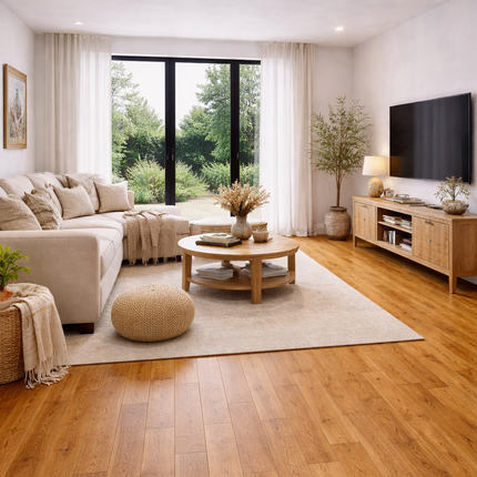 Wohnzimmer in einem Landhaus Stil mit einem Eichen Parkett Boden. 