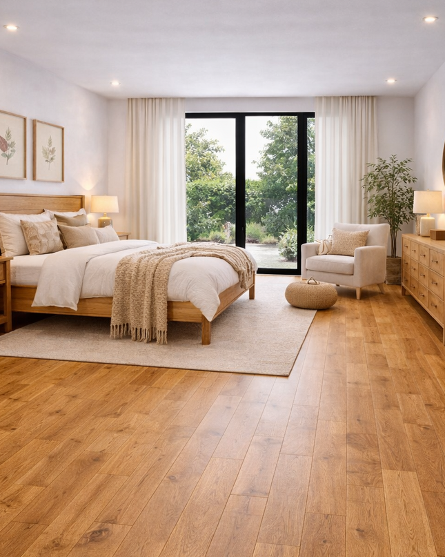 Schlafzimmer im Rustikal Stil mit einem Parkettboden aus Eiche.