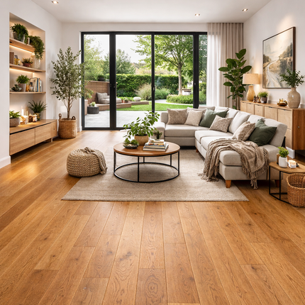 Ein modernes Wohnzimmer mit einem Eichen Parkett Boden.