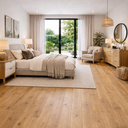 Modernes Schlafzimmer mit einem hellen Eichenboden.