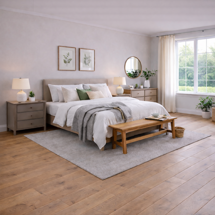 Schlafzimmer in einem Modernen Stil und einem Hellen eichen Parkettboden.