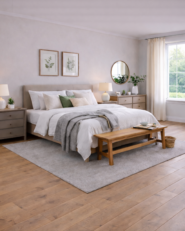 Schlafzimmer in einem Modernen Stil und einem Hellen eichen Parkettboden.