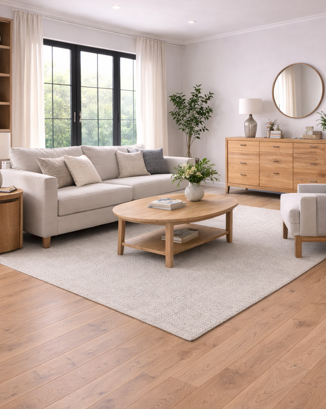 Modernes Wohnzimmer trifft auf Landhaus Stil mit einem Eichen Parkettboden.