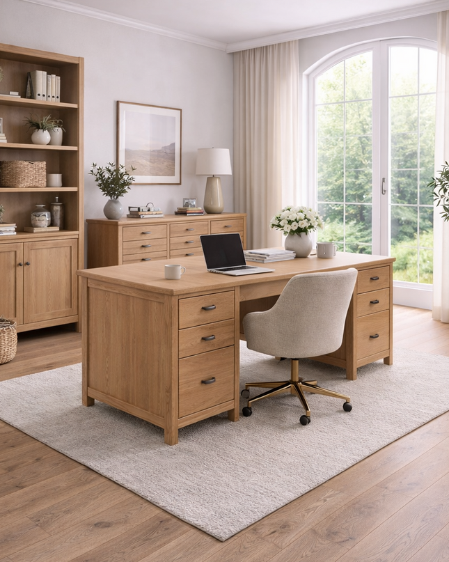 Arbeitszimmer i m Landhaus Stil und ein Parkettboden aus Eiche.