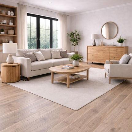 Modernes Wohnzimmer mit einem Landhausstil mit einem hellen Eichen Parkettboden.