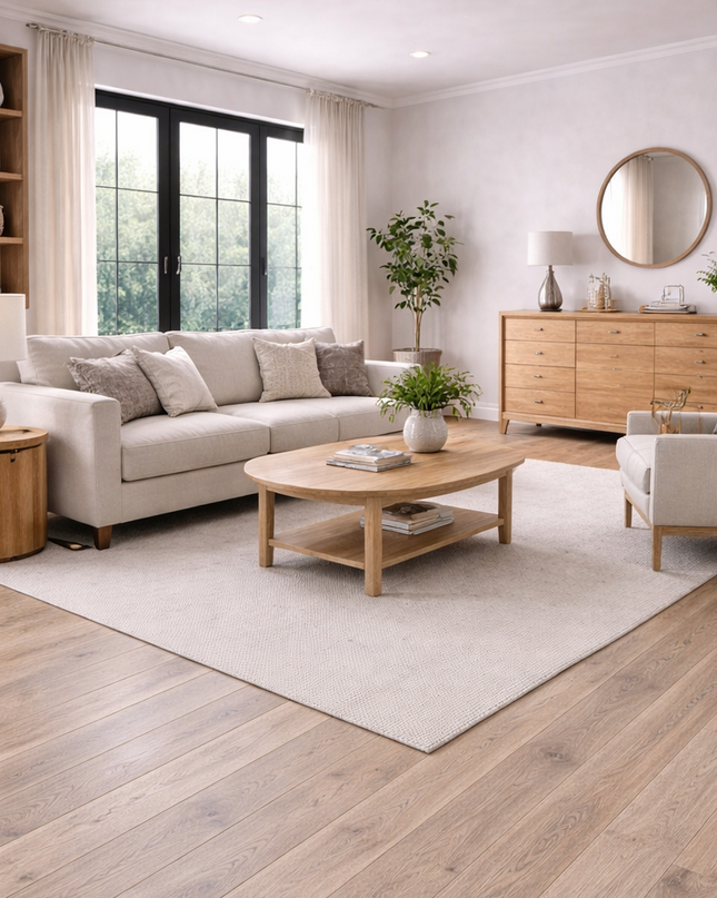 Modernes Wohnzimmer mit einem Landhausstil mit einem hellen Eichen Parkettboden.