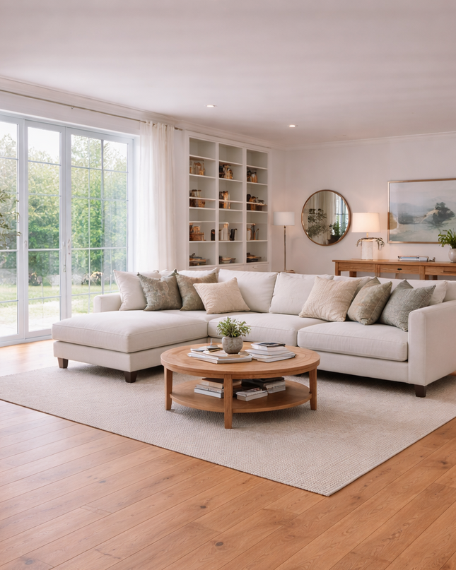 Modernes helles Wohnzimmer mit einem schönen hellen Parkettboden aus Eiche.