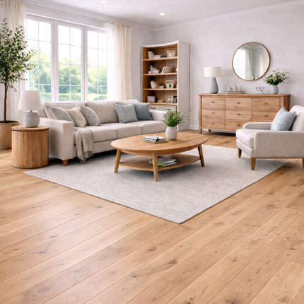 Wohnzimmer mit einem Landhausstil und einem Eichen Parkettboden.