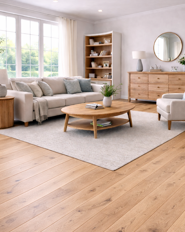 Wohnzimmer mit einem Landhausstil und einem Eichen Parkettboden.