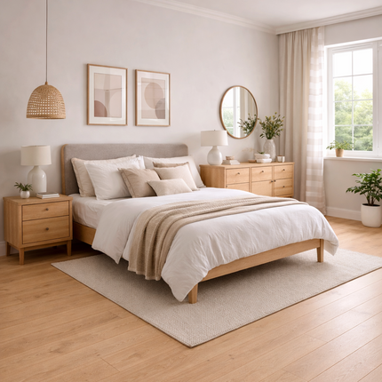 Schlafzimmer mit einem Landhaus Stil und einem Eiche Parkettboden der einen Ruhiges gefühlt bringt.