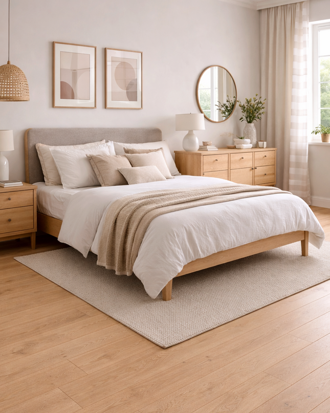 Schlafzimmer zwischen einem Modernen und Landhaus Stil mit einem Eichen Parkettboden.