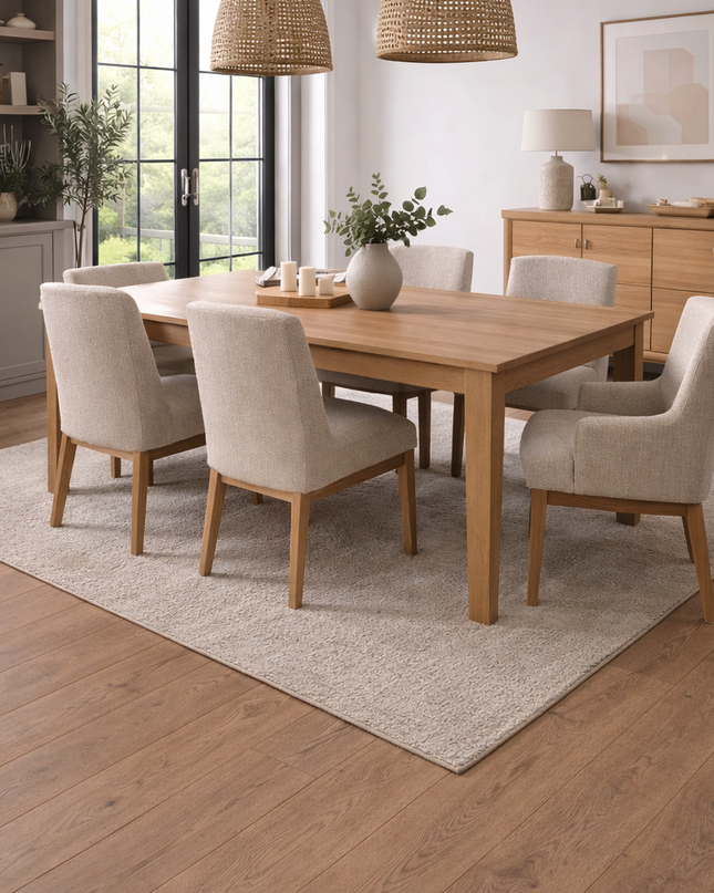 Modernes Esszimmer trifft auf Landhaus Stil mit einem Eichen Parkettboden.