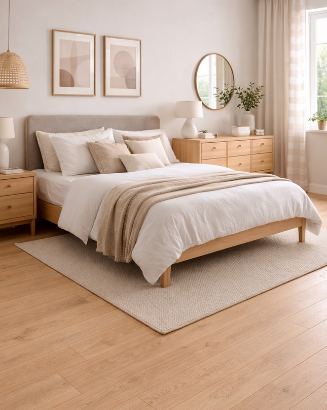 Modernes Schlafzimmer mit einem Eichen Parkettboden in einer White 5% Ölung.