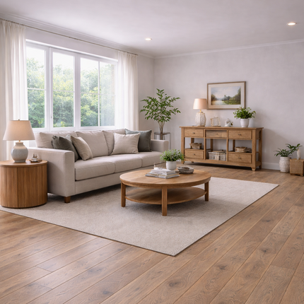 Modernes Wohnzimmer mit einer hellen Einrichtung und passend dazu einen Eichen Parkettboden mit einem schönen Kontrast zur der Einrichtung.