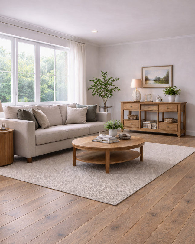 Modernes Wohnzimmer mit einer hellen Einrichtung und passend dazu einen Eichen Parkettboden mit einem schönen Kontrast zur der Einrichtung.