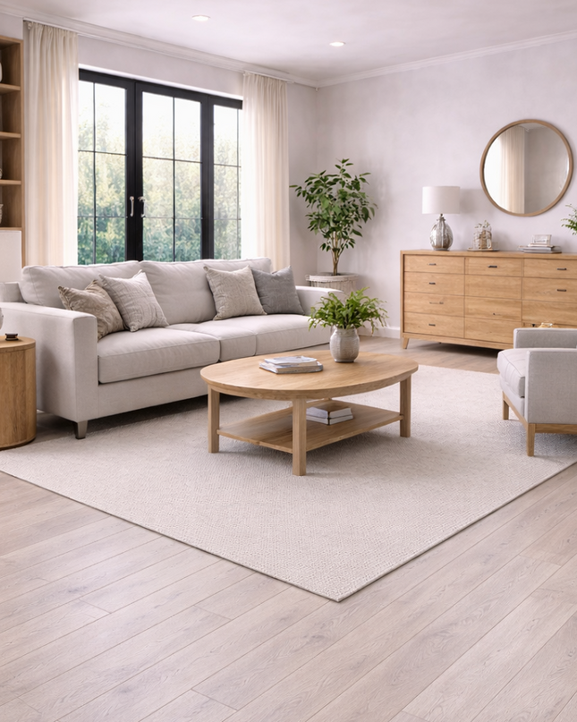 Wohnzimmer in einem Landhaus Stil und ein Eichen Parkettboden.