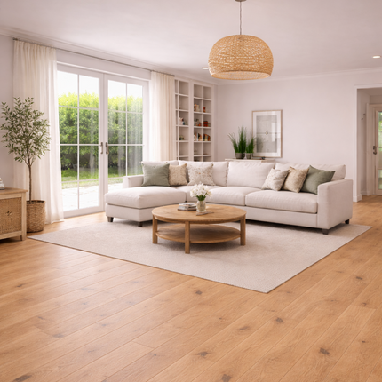 Wohnzimmer in einem Modernen Stil und einem Hellen Eichen Parkettboden passend zur Einrichtung.