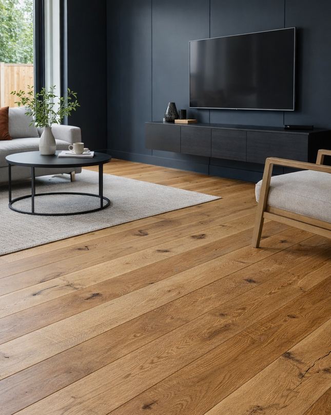 Modernes Wohnzimmer mit Rustikalen Eichenparkett