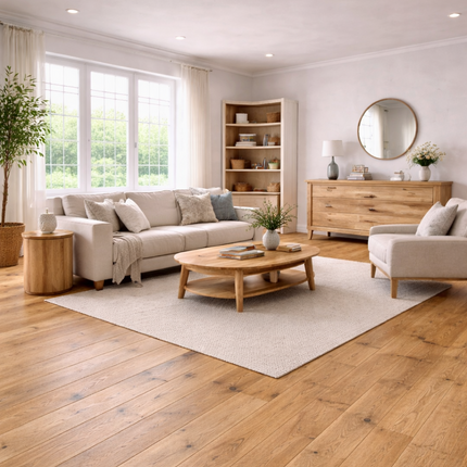 Wohnzimmer in einem Modernen Look mit einem Rustikalen Eichen Parkettboden.