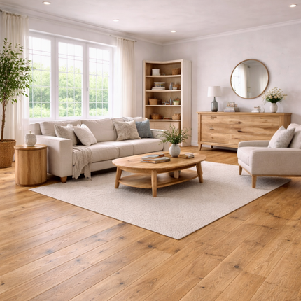 Modernes Wohnzimmer mit einem touch von einem Landhaus Stil, passend dazu einen schönen Eichen Parkettboden.