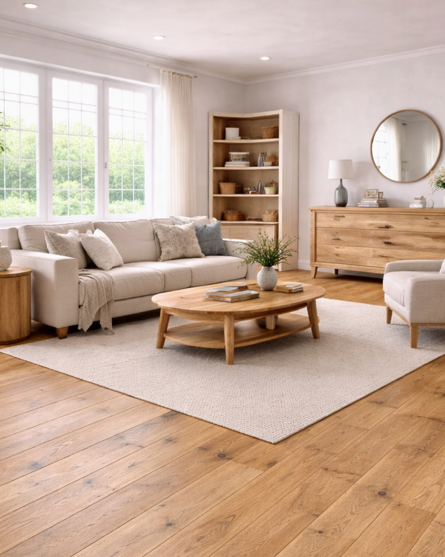 Modernes Wohnzimmer mit einem touch von einem Landhaus Stil, passend dazu einen schönen Eichen Parkettboden.