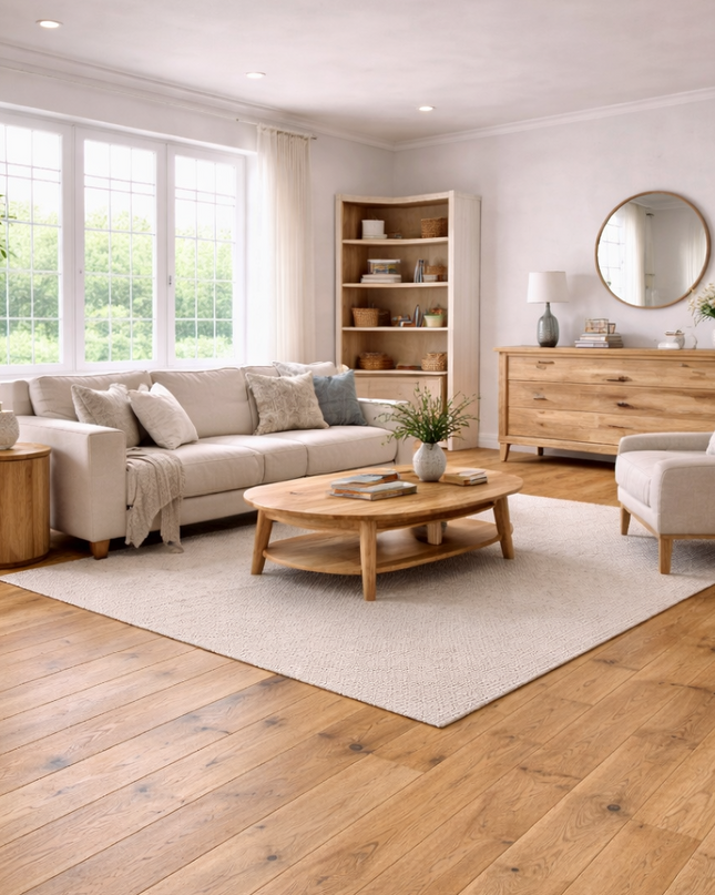 Modernes Wohnzimmer gemischt mit einem Landhaus Stil look und einem passenden Eichen Parkettboden.