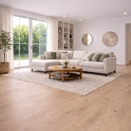 Modernes Wohnzimmer mit einem schönen Eichen Parkettboden der Perfekt zur Einrichtung passt.